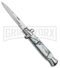 9.5" Anomaly Stiletto White Swirl Automatic Knife - Bayo Satin Plain