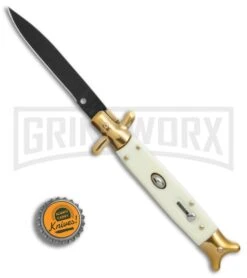 9" Sharksfin Stiletto Sim Ivory Automatic Knife - Black Plain 9 9" Sharksfin Stiletto Sim Ivory Automatic Knife - Black Plain -Grindworx 9in Sharksfin Stiletto sim ivory black BP 20685 er bottlecap large