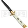 9" Sharksfin Stiletto Sim Ivory Automatic Knife - Black Plain 2 9" Sharksfin Stiletto Sim Ivory Automatic Knife - Black Plain -Grindworx 9in Sharksfin Stiletto sim ivory black BP 20685 er large