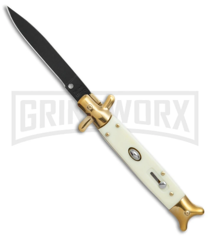 9" Sharksfin Stiletto Sim Ivory Automatic Knife - Black Plain 3 9" Sharksfin Stiletto Sim Ivory Automatic Knife - Black Plain