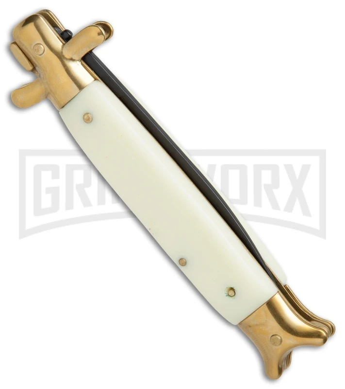 9" Sharksfin Stiletto Sim Ivory Automatic Knife - Black Plain 4 9" Sharksfin Stiletto Sim Ivory Automatic Knife - Black Plain - Image 2