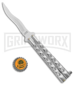 Kriss Blade Silver Butterfly Balisong Knife - Satin Plain -Grindworx 9in Silver Butterfly Kriss Blade Satin GX 2609 jr bottlecap large