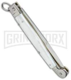 A.G.A. Campolin 9" Sicilian Ring Pull White Pearlex Automatic Knife - Bayonet 10 A.G.A. Campolin 9" Sicilian Ring Pull White Pearlex Automatic Knife - Bayonet -Grindworx AGA Campolin 9in Sicilian White Pearlex Ring Pull Bayo BP 19445 jr side large