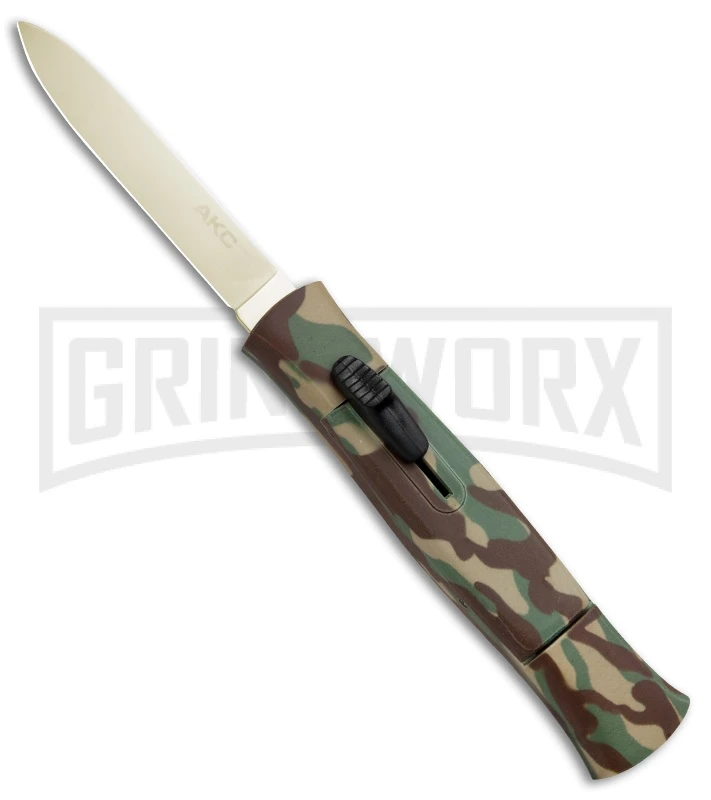 AKC 077 Concord Green Camo OTF Automatic Knife - Flat Gold Plain 3 AKC 077 Concord Green Camo OTF Automatic Knife - Flat Gold Plain