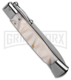 AKC Italian Stiletto Swinguard White Pearlex Automatic Knife - Polish Plain 7 AKC Italian Stiletto Swinguard White Pearlex Automatic Knife - Polish Plain -Grindworx AKC 10in Italian Stiletto Swinguard White Pearlex Automatic Knife Polish Plain GX 41442 hd side large