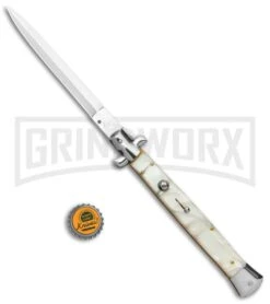 AKC 13" White Pearlex Automatic Dagger Stiletto Knife (Satin Plain) 11 AKC 13" White Pearlex Automatic Dagger Stiletto Knife (Satin Plain) -Grindworx AKC 13in White Pearlex Handle Auto Stiletto Dagger GX 6333 jr bottlecap large