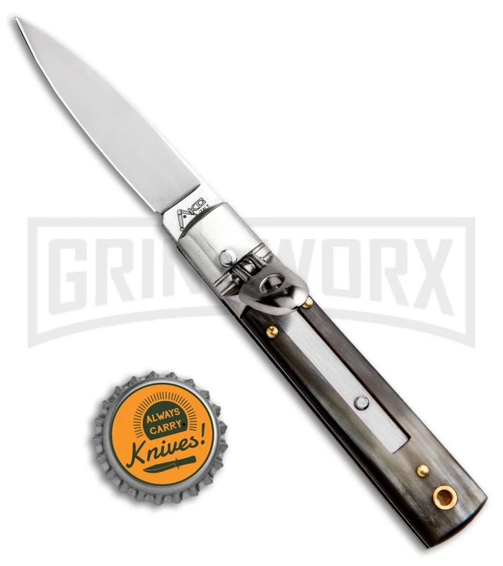 AKC 6" Mini Classic Lever Lock Brazilian Horn Automatic Knife - Satin Plain 6 AKC 6" Mini Classic Lever Lock Brazilian Horn Automatic Knife - Satin Plain - Image 4