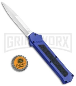 AKC F-16 Blue D/A OTF Automatic Knife - Bayo Satin Plain -Grindworx AKC F 16 Blue DA OTF Bayo Satin Plain BP 23856 jr bottlecap large