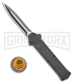 AKC F-16 Black D/A Dagger OTF Automatic Knife - Dagger Two Tone Plain -Grindworx AKC F 16 D A Dagger OTF Automatic Knife Black 3.3in Two Tone BHQ 114108 LS Bottlecap large