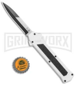 AKC F-16 White D/A OTF Automatic Knife - Bayo Two Tone Plain -Grindworx AKC F 16 DA Bayo OTF Auto White TT BHQ 114660 jr bottlecap large