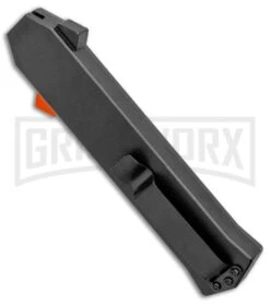 AKC F-16 Black D/A OTF Automatic Knife + Orange Button - Dagger Satin Plain 8 AKC F-16 Black D/A OTF Automatic Knife + Orange Button - Dagger Satin Plain -Grindworx AKC F 16 DA Dagger OTF Auto Black Orange Button Satin BHQ 98892 jr side large