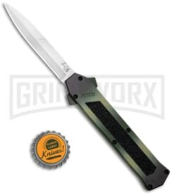 AKC F-16 OD Green Camo D/A OTF Automatic Knife - Bayo Satin Plain -Grindworx AKC F 16 DA Dagger OTF Auto OD Green Camo Satin BHQ 125319 jr bottlecap large