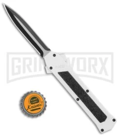 AKC F-16 White D/A OTF Automatic Knife - Dagger Two Tone Plain -Grindworx AKC F 16 DA Dagger OTF Auto White TT BHQ 114659 jr bottlecap large