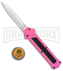 AKC F-16 Pink D/A OTF Automatic Knife - Bayonet Satin Plain -Grindworx AKC F 16 Pink DA OTF Auto Bayo Satin GX 37618 jr bottlecap large