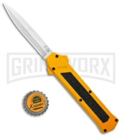 AKC F-16 Yellow D/A OTF Automatic Knife - Bayonet Satin Plain -Grindworx AKC F 16 Yellow DA OTF Auto Bayo Satin GX 37617 jr bottlecap large