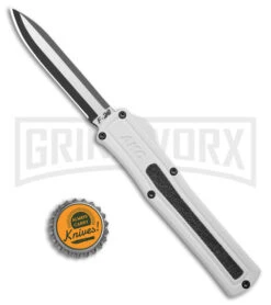 AKC F-20 White Aluminum D/A Drop Point OTF Automatic Knife - Two Tone Plain -Grindworx AKC F 20 DA DP OTF Auto White Aluminum TT BHQ 179282 jr bottlecap large
