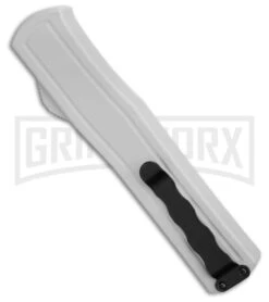 AKC F-20 White Aluminum D/A Drop Point OTF Automatic Knife - Two Tone Plain -Grindworx AKC F 20 DA DP OTF Auto White Aluminum TT BHQ 179282 jr side large