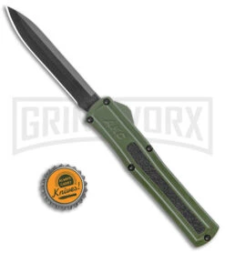 AKC F-20 Green D/A OTF Automatic Knife - Black Plain -Grindworx AKC F 20 DA Dagger OTF Auto OD Green Black BHQ 140846 jr bottlecap large