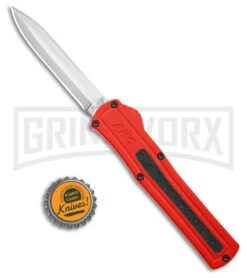 AKC F-20 Red Aluminum DBL Dagger OTF Automatic Knife - Satin Plain -Grindworx AKC F 20 DA Dagger OTF Auto Red Aluminum Satin BHQ 179208 jr bottlecap large