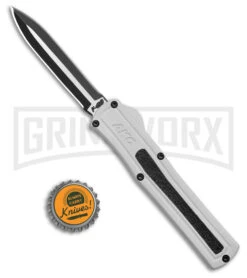 AKC F-20 White Aluminum D/A Dagger OTF Automatic Knife - Two Tone Plain -Grindworx AKC F 20 DA Dagger OTF Auto White Aluminum TT BHQ 179206 jr bottlecap large