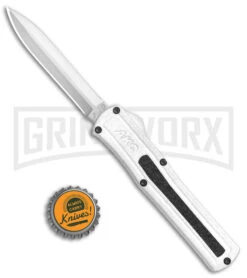 AKC F-20 White D/A OTF Automatic Knife - Dagger Satin Plain -Grindworx AKC F 20 DA Dagger OTF Auto White Satin BHQ 141065 jr bottlecap 2 large