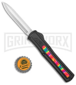 AKC F-20 Black W/ Tie Dye Inlay D/A OTF Automatic Knife - Satin Plain -Grindworx AKC F 20 DA SP OTF Auto Black Tie Dye Inlay Satin BHQ 152893 jr bottlecap large