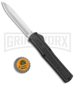 AKC F-20 Black D/A OTF Automatic Knife - Spear Point Satin Plain -Grindworx AKC F 20 DA SP OTF Auto black Satin BHQ 141097 jr bottlecap large