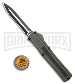 AKC F-20 OD Green Aluminum Dagger OTF Automatic Knife - 2-Tone Black Plain -Grindworx AKC F 20 Dagger OTF Auto OD Green Aluminum TT Black BHQ 179398 jr bottlecap large