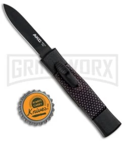 AKC Minion Concord Black/Sim Carbon Fiber OTF Automatic Knife - Black Flat -Grindworx AKC Minion Concord Black Slim CF OTF Auto Black Flat GX 33107 jr bottlecap large