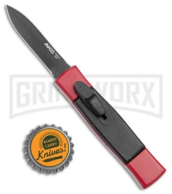 AKC Minion Concord Red/Black OTF Automatic Knife - Black Plain -Grindworx AKC Minion Concord OTF Auto Red Black Black BHQ 24199 jr bottlecap large