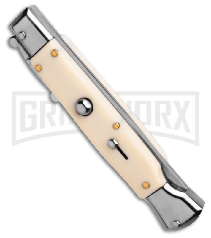 AKC 9" Italian Stiletto Swinguard Sim Ivory Automatic Knife - Polish Plain 4 AKC 9" Italian Stiletto Swinguard Sim Ivory Automatic Knife - Polish Plain - Image 2