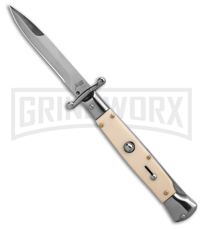 AKC 9" Italian Stiletto Swinguard Sim Ivory Automatic Knife - Polish Plain 3 AKC 9" Italian Stiletto Swinguard Sim Ivory Automatic Knife - Polish Plain