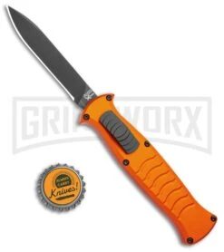 AKC X-treme EVO Orange OTF Automatic Knife - Black Plain -Grindworx AKC X treme EVO OTF Auto Orange Black BHQ 105416 jr bottlecap large