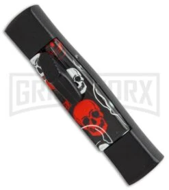 AKC Minion Concord Red/White Skull OTF Automatic Knife - Black Flat -Grindworx AKC minion concord red white skull black flat BP 19001 er side large