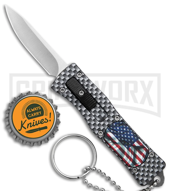 American Flag Mini Dog Tag Gray Carbon Fiber D/A OTF Auto Knife -Satin Plain 6 American Flag Mini Dog Tag Gray Carbon Fiber D/A OTF Auto Knife -Satin Plain - Image 4