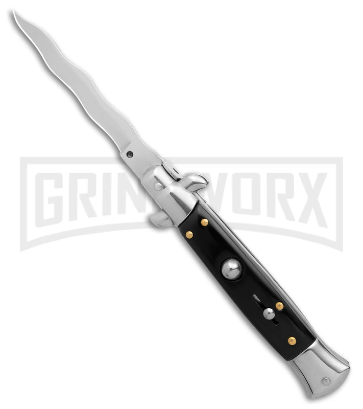 9" Anomaly Stiletto Black Pearlex Automatic Knife - Satin Kriss 3 9" Anomaly Stiletto Black Pearlex Automatic Knife - Satin Kriss