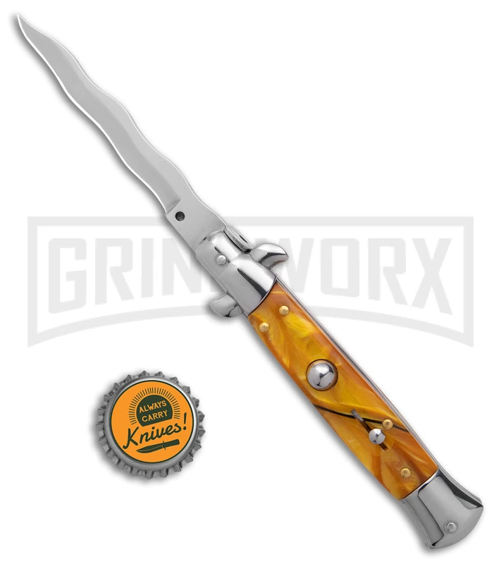 9" Anomaly Stiletto Yellow Pearlex Automatic Knife - Satin Kriss 6 9" Anomaly Stiletto Yellow Pearlex Automatic Knife - Satin Kriss - Image 4