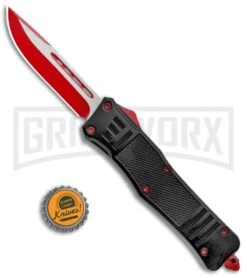 Atomic Defender Large OTF Automatic Knife Black - Red Two Tone Drop Point -Grindworx Atomic Defender DP Red Black OTF Auto Red GX 33631 jr bottlecap large