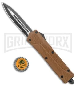 Atomic Defender Large OTF Auto Knife Textured Sand Brown - Two Tone Dagger -Grindworx Atomic Defender Large OTF Auto Sand Brown Textured Scale TT Dagger GX 38190 jr bottlecap large