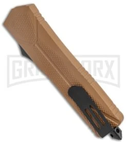 Atomic Defender Large OTF Auto Knife Textured Sand Brown - Two Tone Dagger -Grindworx Atomic Defender Large OTF Auto Sand Brown Textured Scale TT Dagger GX 38190 jr side large