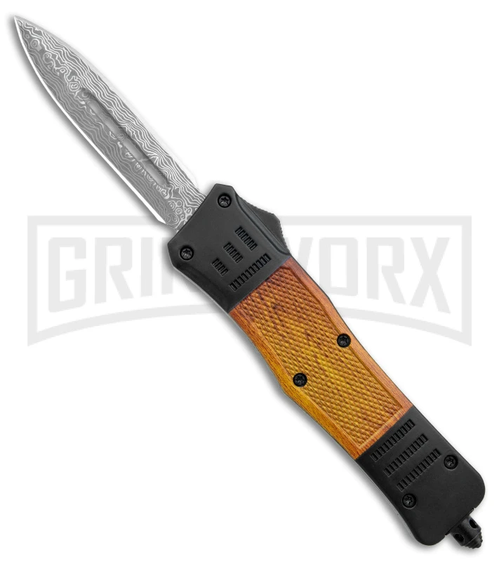 Atomic Defender Medium Black/Sim Wood OTF Auto Knife - Dagger Damascus Plain 3 Atomic Defender Medium Black/Sim Wood OTF Auto Knife - Dagger Damascus Plain