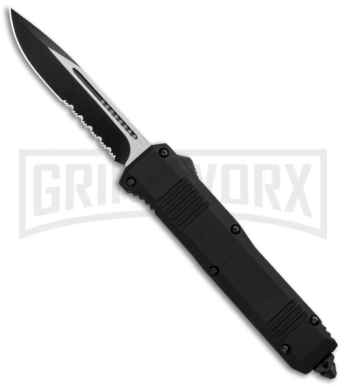 Atomic Shield Large Drop Point Black OTF Automatic Knife - Two Tone Serrated 3 Atomic Shield Large Drop Point Black OTF Automatic Knife - Two Tone Serrated