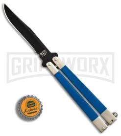 Bear & Son Blue G-10 Butterfly Knife - Black Plain -Grindworx Bear Butterfly Knive blue G10 handles Black Plain BHQ 87253 er bottlecap large