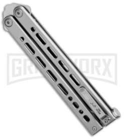 Bear Ops Bear Song VIII Gray Butterfly Knife - Tanto Satin Plain 8 Bear Ops Bear Song VIII Gray Butterfly Knife - Tanto Satin Plain -Grindworx Bear Ops Bear Song VIII Butterfly Tanto Satin B 810 SS S BHQ 102070 jr side large