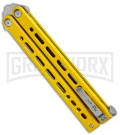 Bear Ops Bear Song VIII Yellow Butterfly Knife - Tanto Satin Plain 8 Bear Ops Bear Song VIII Yellow Butterfly Knife - Tanto Satin Plain -Grindworx Bear Ops Bear Song VIII Butterfly Yellow Tanto Satin B 810 SSYW S BHQ 124341 jr side large