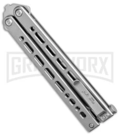 Bear Ops Bear Song VIII Small Gray Butterfly Knife - Clip Point Satin Plain 8 Bear Ops Bear Song VIII Small Gray Butterfly Knife - Clip Point Satin Plain -Grindworx Bear Ops Bear Song VIII Small Butterfly Gray Satin CP BHQ 145121 jr side large