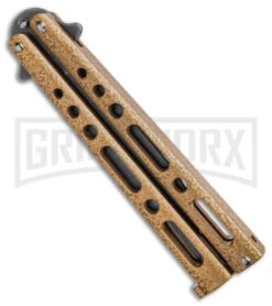 Benchmark Gold Epoxy Steel Butterfly Knife - Stonewash Plain -Grindworx Benchmark Butterfly Gold Stonewash BHQ 138079 td side large