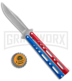 Benchmark Red & Blue Epoxy Steel Butterfly Knife - Stonewash Plain 9 Benchmark Red & Blue Epoxy Steel Butterfly Knife - Stonewash Plain -Grindworx Benchmark Butterfly Red White Blue SW BHQ 143934 jr bottlecap large