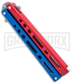 Benchmark Red & Blue Epoxy Steel Butterfly Knife - Stonewash Plain 8 Benchmark Red & Blue Epoxy Steel Butterfly Knife - Stonewash Plain -Grindworx Benchmark Butterfly Red White Blue SW BHQ 143934 jr side large