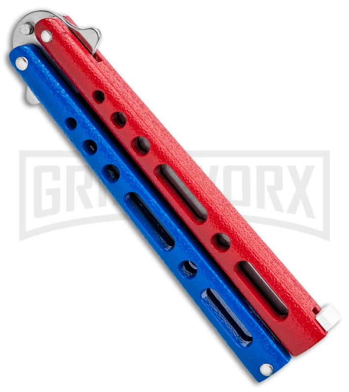 Benchmark Red & Blue Epoxy Steel Butterfly Knife - Satin Plain 5 Benchmark Red & Blue Epoxy Steel Butterfly Knife - Satin Plain - Image 3